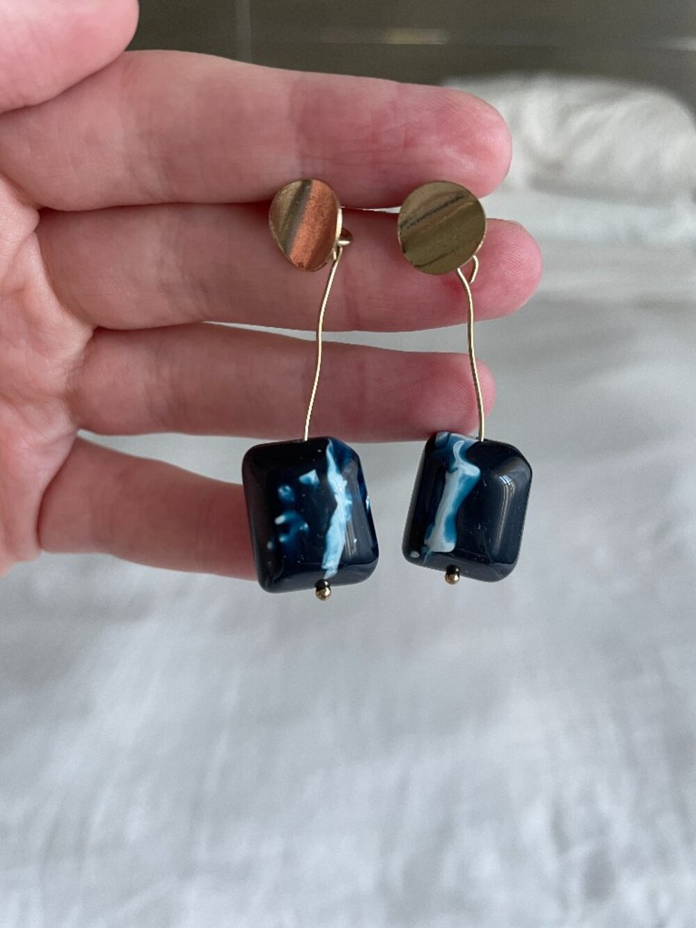 Marbled Bead Drop Earrings, Navy, Gold, OS